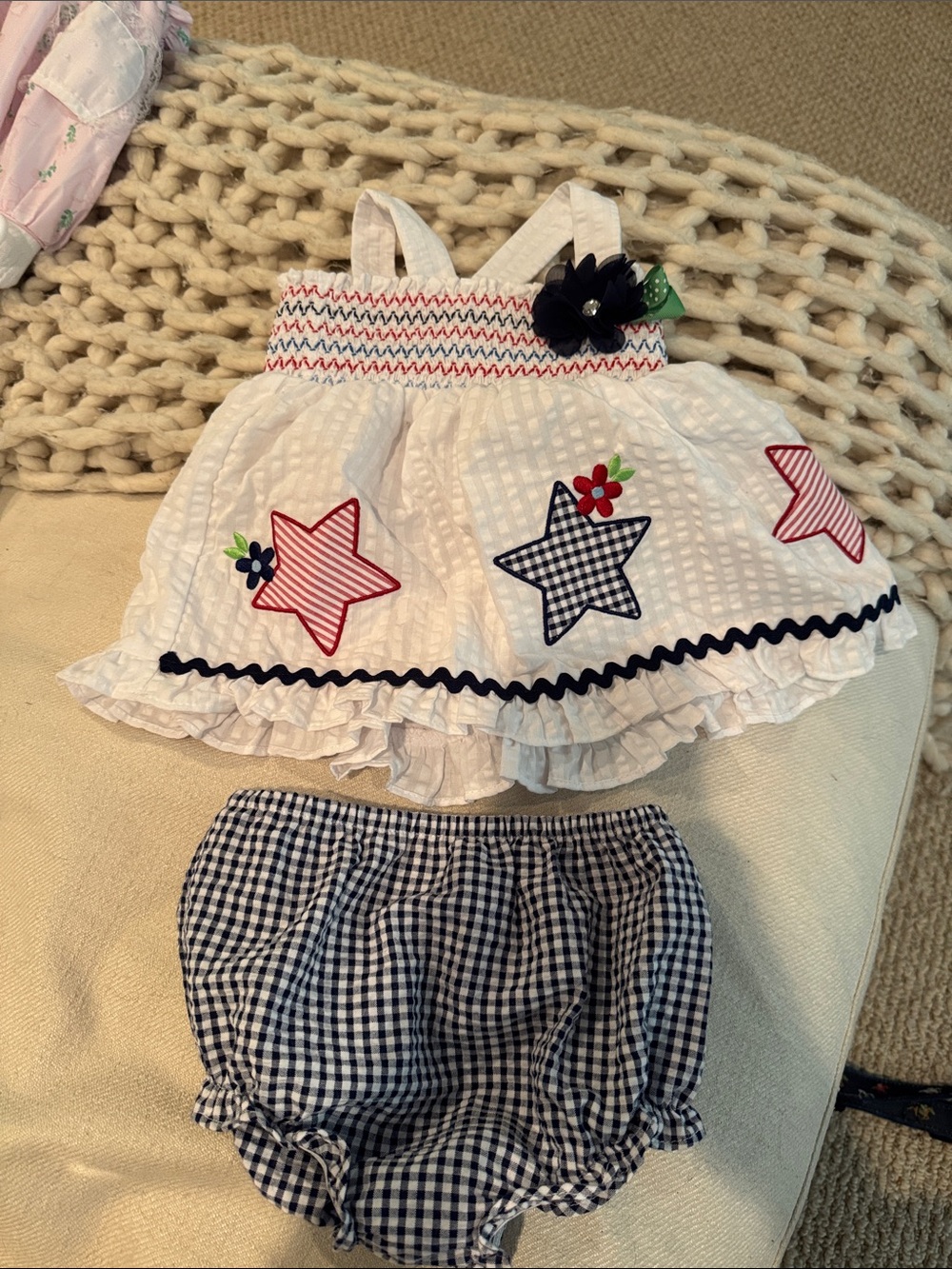 Girls White Star Appliqué Sundress with Navy Gingham Bloomers
